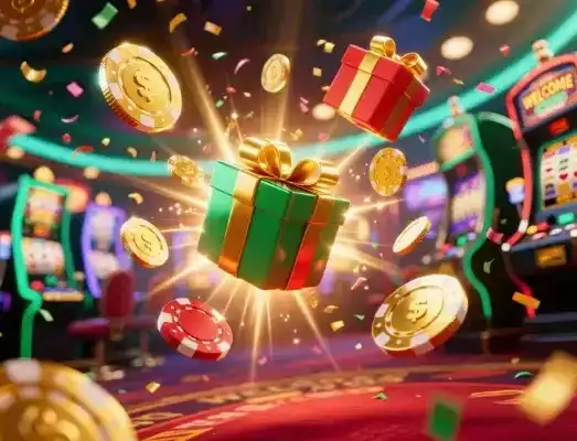 Casino welkomstbonus illustratie met gouden munten en cadeaus